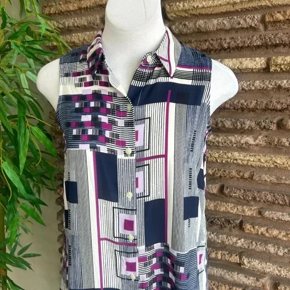 Alfani Blue and Pink Geometric Print Sleeveless Shirt Tunic Dress Size Small - Picture 3 of 5